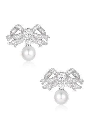 'Sissi' Bow and Pearl Drop Silver Earrings