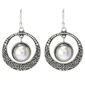 SS Round Dangling "Serra" Earrings With White Mabe Pearl