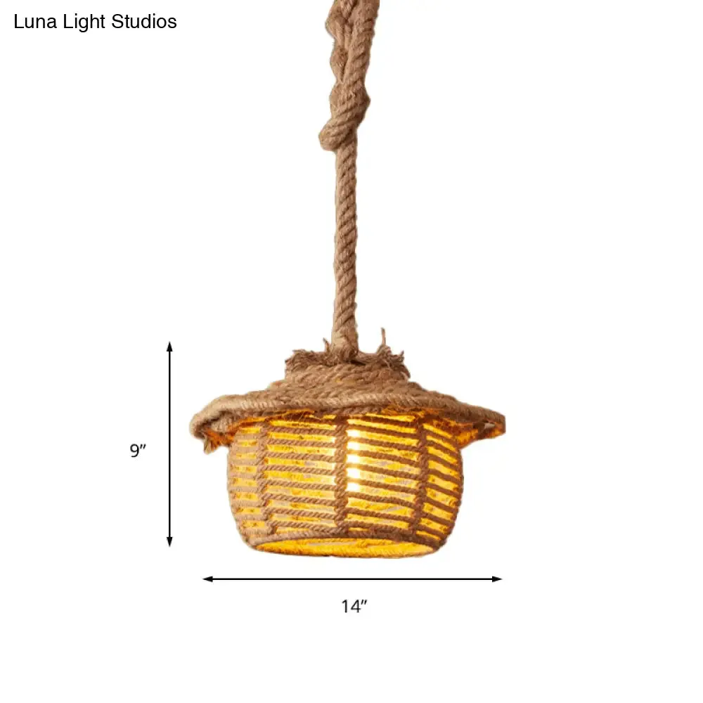 Stylish 1-Light Beige Hemp Rope Ceiling Light for Coffee Shops: House Suspended Light Lodge