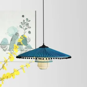 Stylish Blue Pendant Lamp with Bead Droplet – Modern Flare, Gathered Fabric, 1 Head