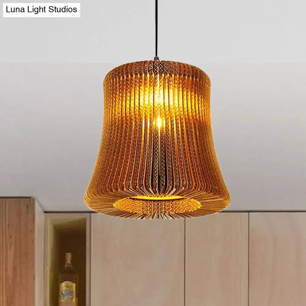 Stylish Brown Asian Dining Room Pendant Lighting - Ceiling Fixture with Cylinder Shade - 1 Bulb - Corrugated Paper