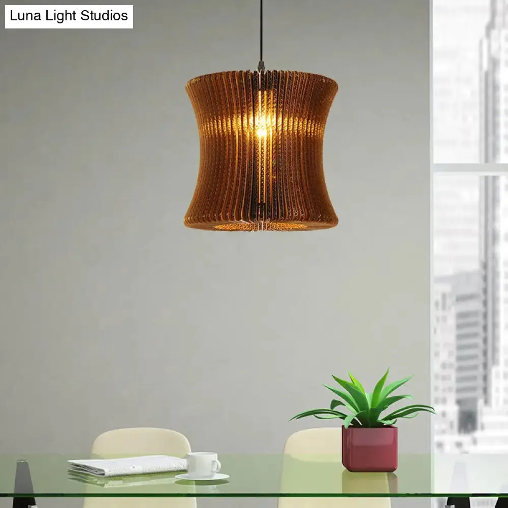 Stylish Brown Asian Dining Room Pendant Lighting - Ceiling Fixture with Cylinder Shade - 1 Bulb - Corrugated Paper