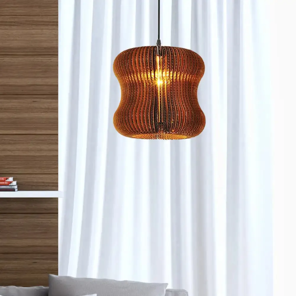 Stylish Brown Asian Dining Room Pendant Lighting - Ceiling Fixture with Cylinder Shade - 1 Bulb - Corrugated Paper