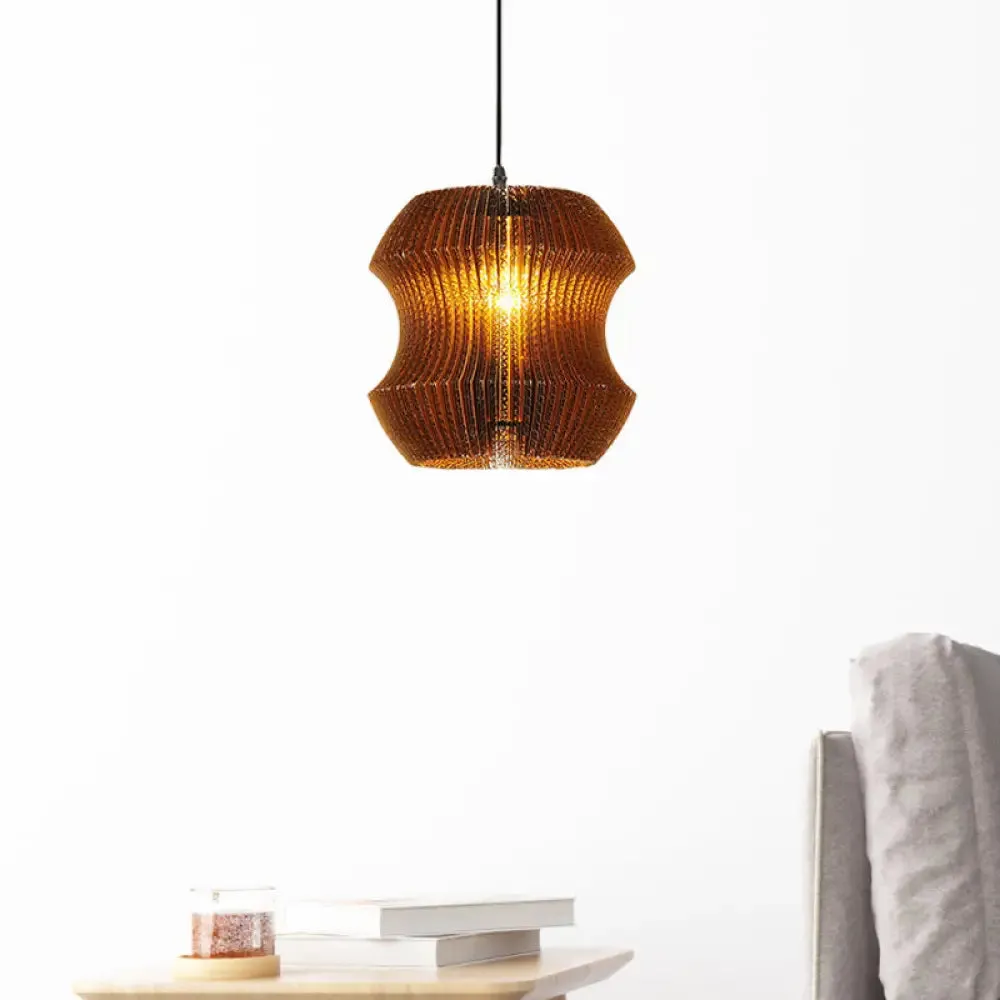 Stylish Brown Asian Dining Room Pendant Lighting - Ceiling Fixture with Cylinder Shade - 1 Bulb - Corrugated Paper