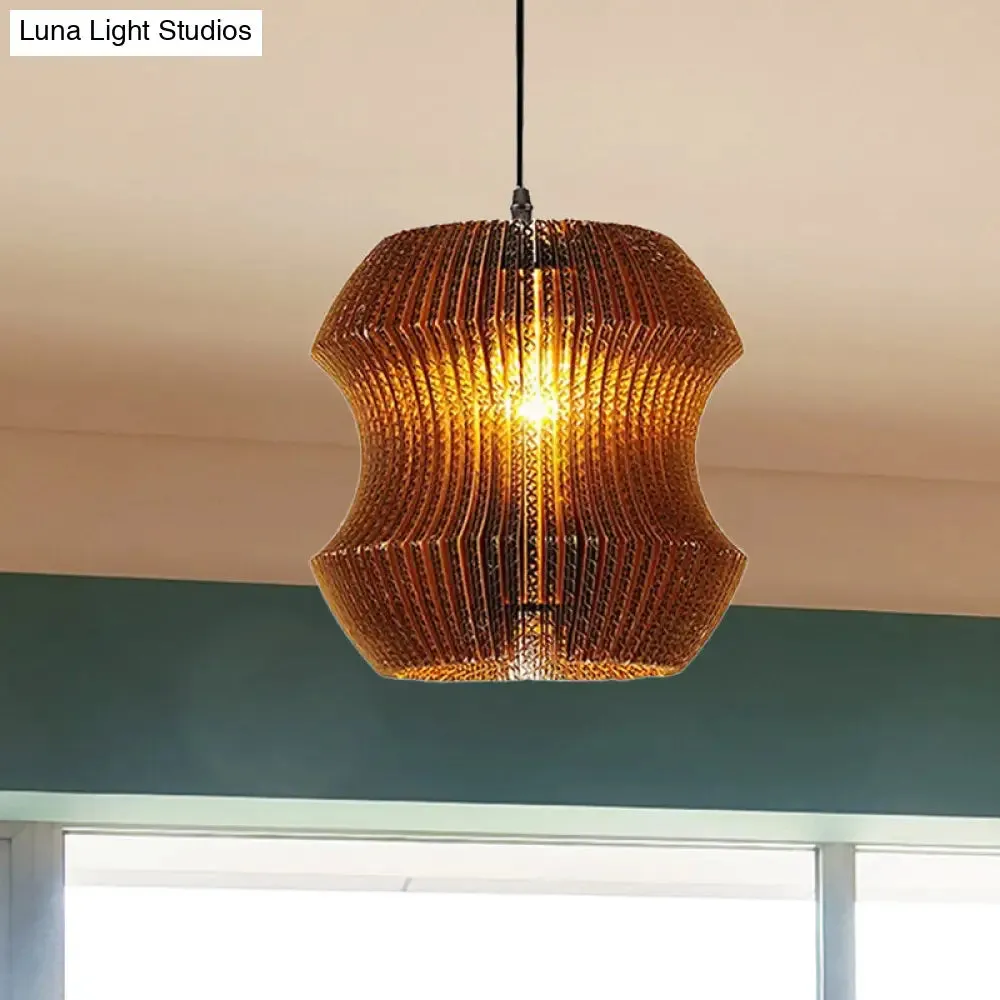 Stylish Brown Asian Dining Room Pendant Lighting - Ceiling Fixture with Cylinder Shade - 1 Bulb - Corrugated Paper