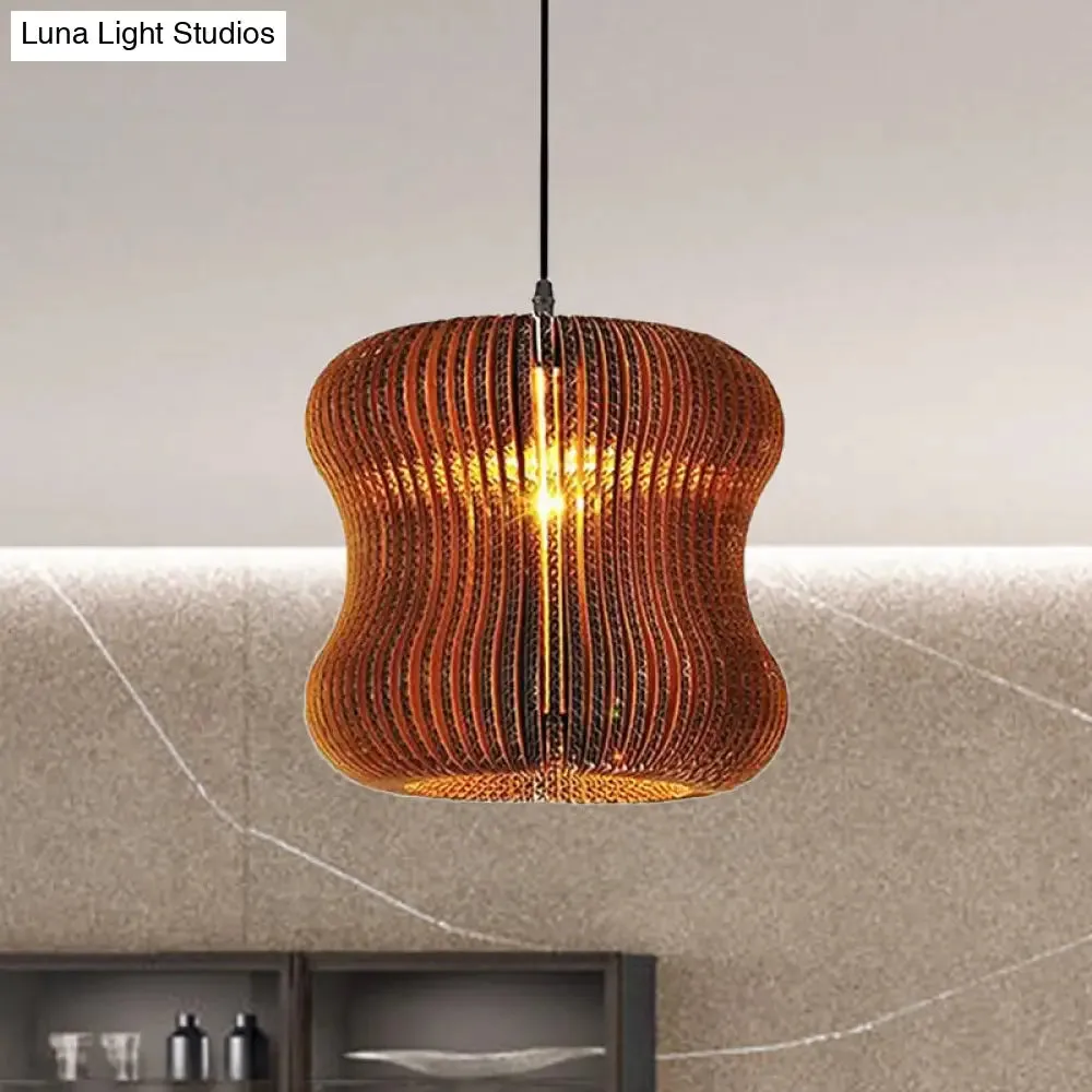 Stylish Brown Asian Dining Room Pendant Lighting - Ceiling Fixture with Cylinder Shade - 1 Bulb - Corrugated Paper