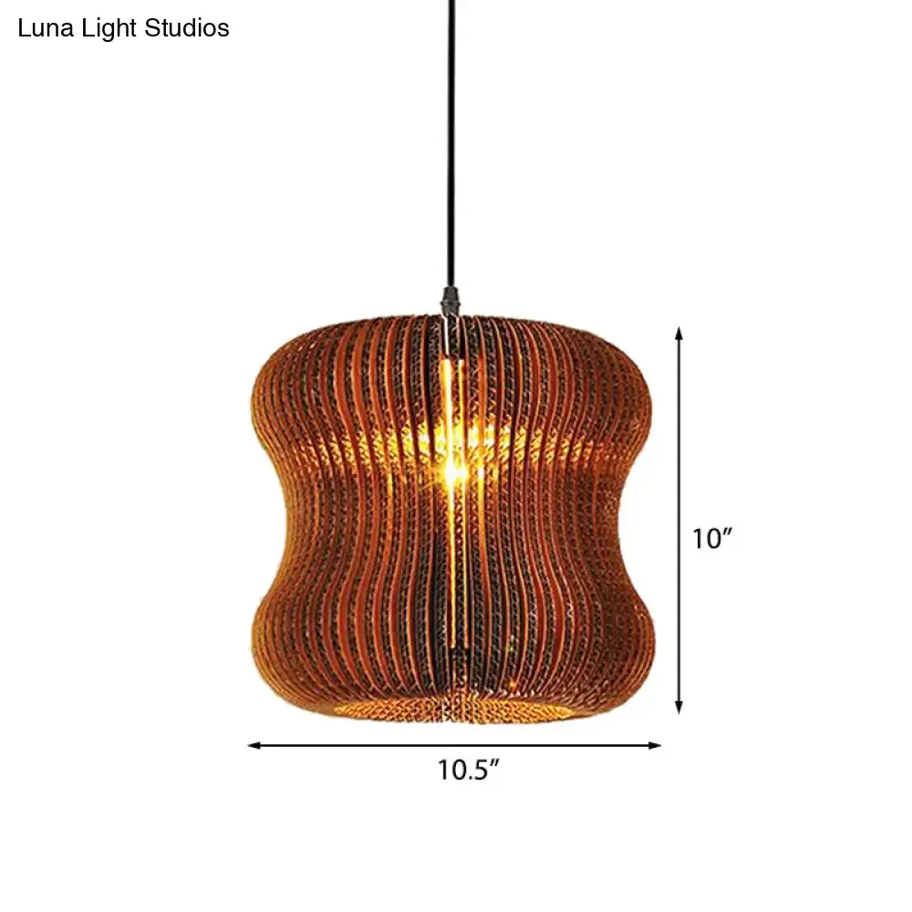 Stylish Brown Asian Dining Room Pendant Lighting - Ceiling Fixture with Cylinder Shade - 1 Bulb - Corrugated Paper