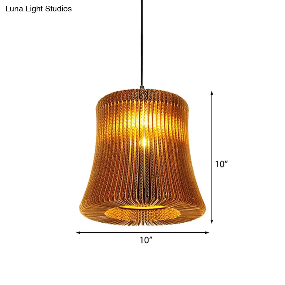 Stylish Brown Asian Dining Room Pendant Lighting - Ceiling Fixture with Cylinder Shade - 1 Bulb - Corrugated Paper