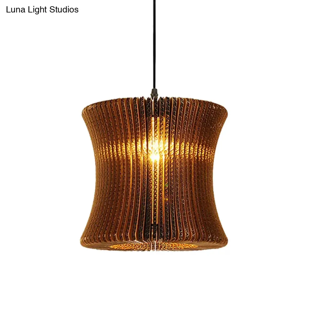 Stylish Brown Asian Dining Room Pendant Lighting - Ceiling Fixture with Cylinder Shade - 1 Bulb - Corrugated Paper