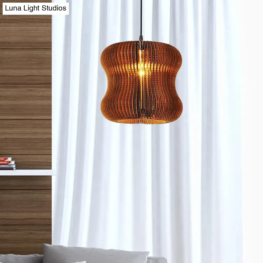 Stylish Brown Asian Dining Room Pendant Lighting - Ceiling Fixture with Cylinder Shade - 1 Bulb - Corrugated Paper