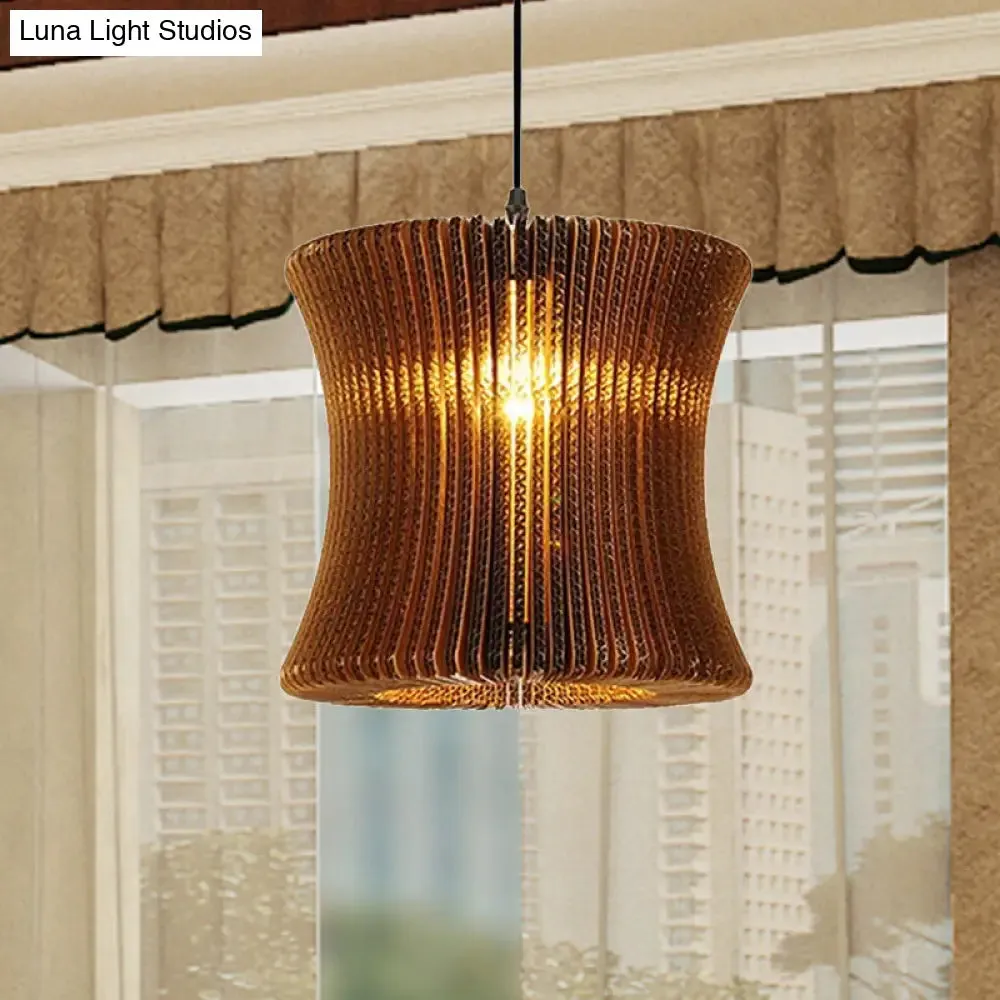 Stylish Brown Asian Dining Room Pendant Lighting - Ceiling Fixture with Cylinder Shade - 1 Bulb - Corrugated Paper