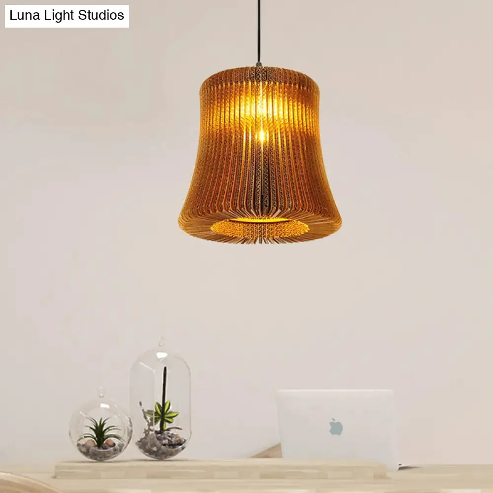 Stylish Brown Asian Dining Room Pendant Lighting - Ceiling Fixture with Cylinder Shade - 1 Bulb - Corrugated Paper