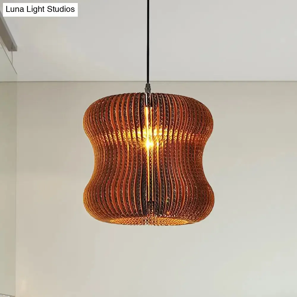 Stylish Brown Asian Dining Room Pendant Lighting - Ceiling Fixture with Cylinder Shade - 1 Bulb - Corrugated Paper