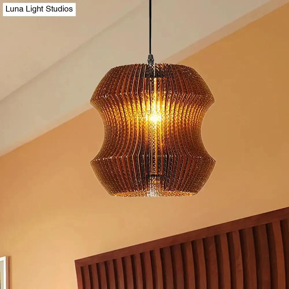 Stylish Brown Asian Dining Room Pendant Lighting - Ceiling Fixture with Cylinder Shade - 1 Bulb - Corrugated Paper