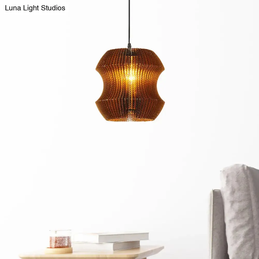 Stylish Brown Asian Dining Room Pendant Lighting - Ceiling Fixture with Cylinder Shade - 1 Bulb - Corrugated Paper