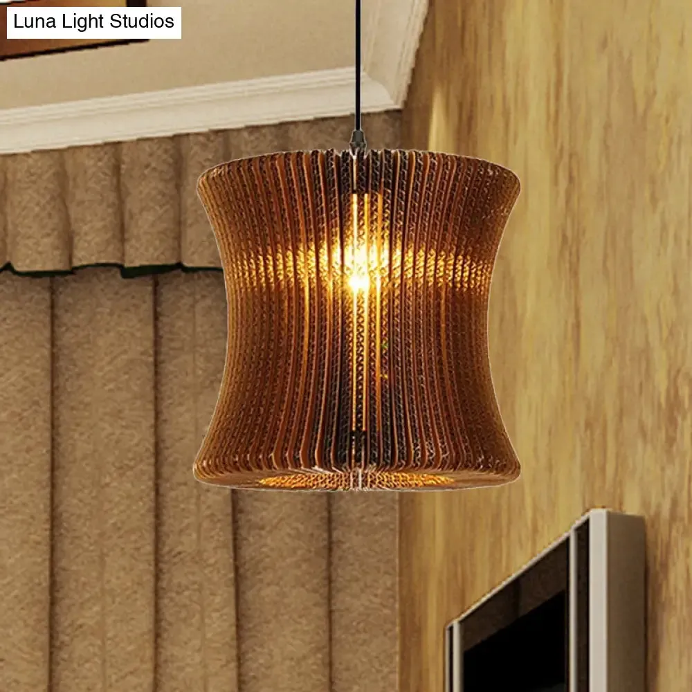 Stylish Brown Asian Dining Room Pendant Lighting - Ceiling Fixture with Cylinder Shade - 1 Bulb - Corrugated Paper