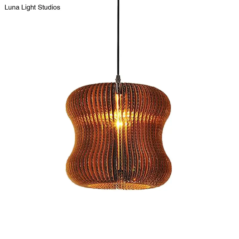 Stylish Brown Asian Dining Room Pendant Lighting - Ceiling Fixture with Cylinder Shade - 1 Bulb - Corrugated Paper