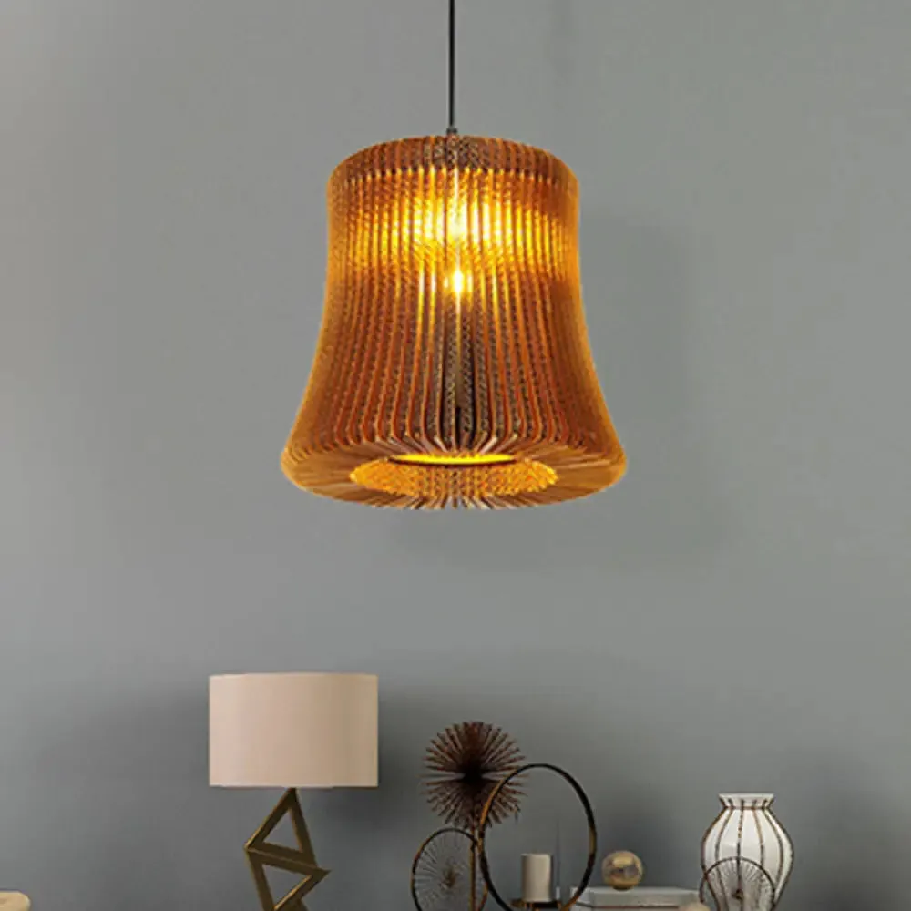 Stylish Brown Asian Dining Room Pendant Lighting - Ceiling Fixture with Cylinder Shade - 1 Bulb - Corrugated Paper