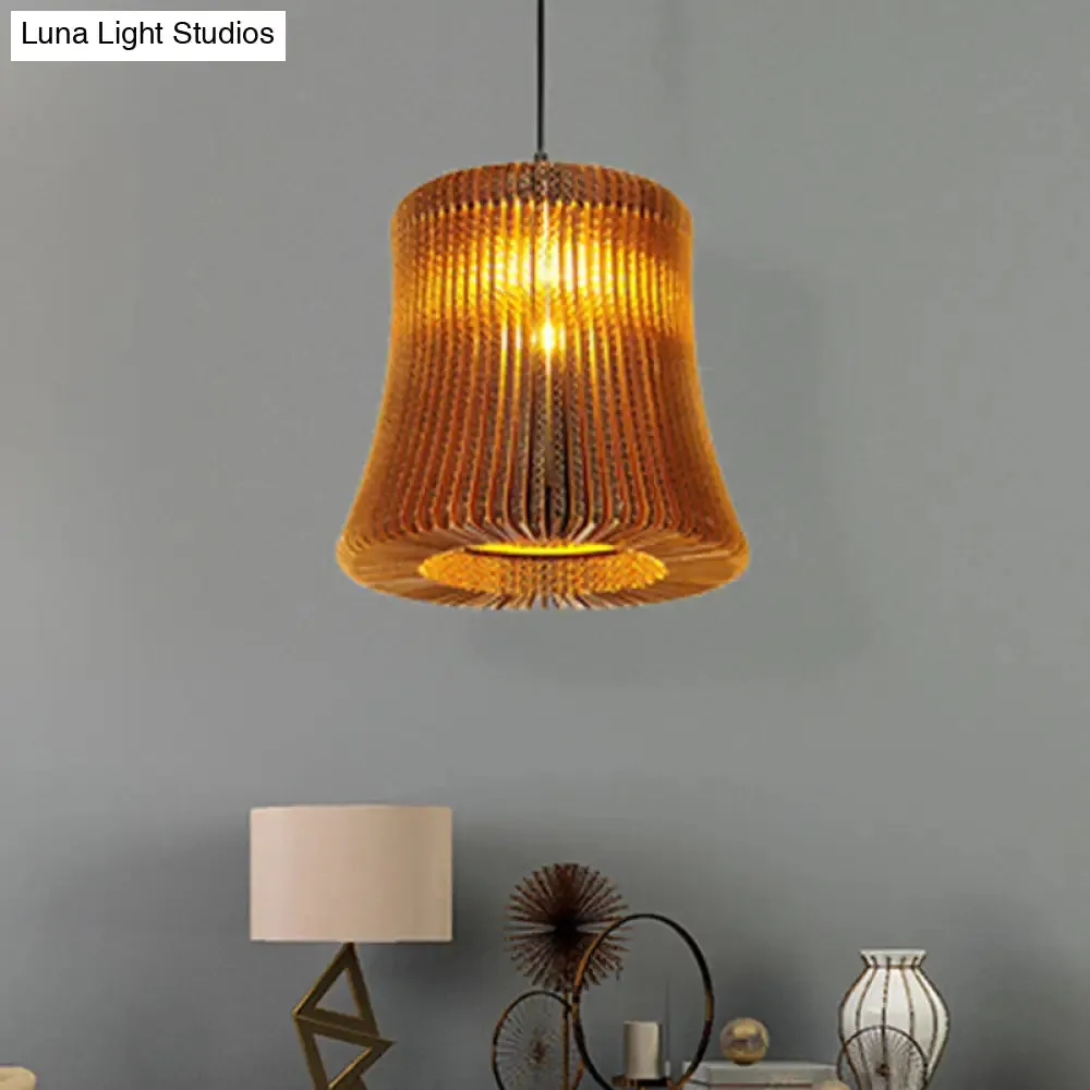 Stylish Brown Asian Dining Room Pendant Lighting - Ceiling Fixture with Cylinder Shade - 1 Bulb - Corrugated Paper