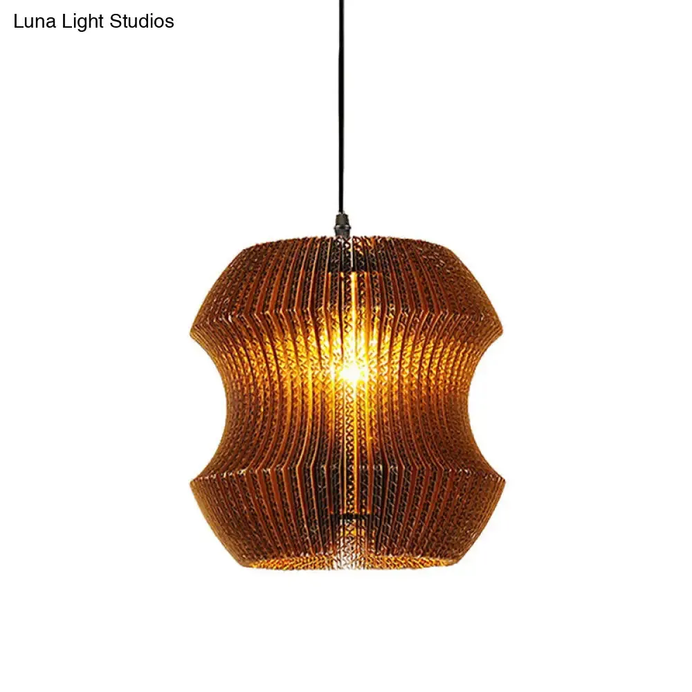 Stylish Brown Asian Dining Room Pendant Lighting - Ceiling Fixture with Cylinder Shade - 1 Bulb - Corrugated Paper