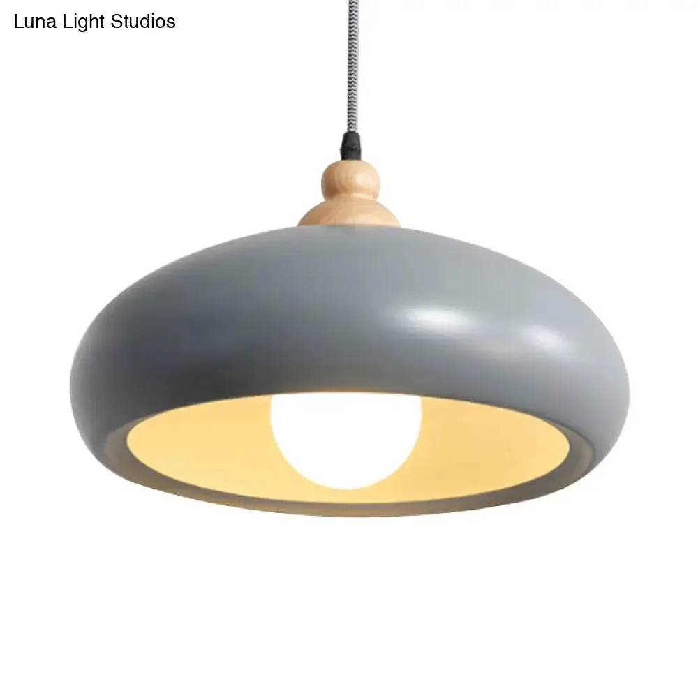 Stylish Macaron Bowl Pendant Light: Metal Hanging Fixture, Single Bulb, Wooden Cap (Grey/Pink/Green)