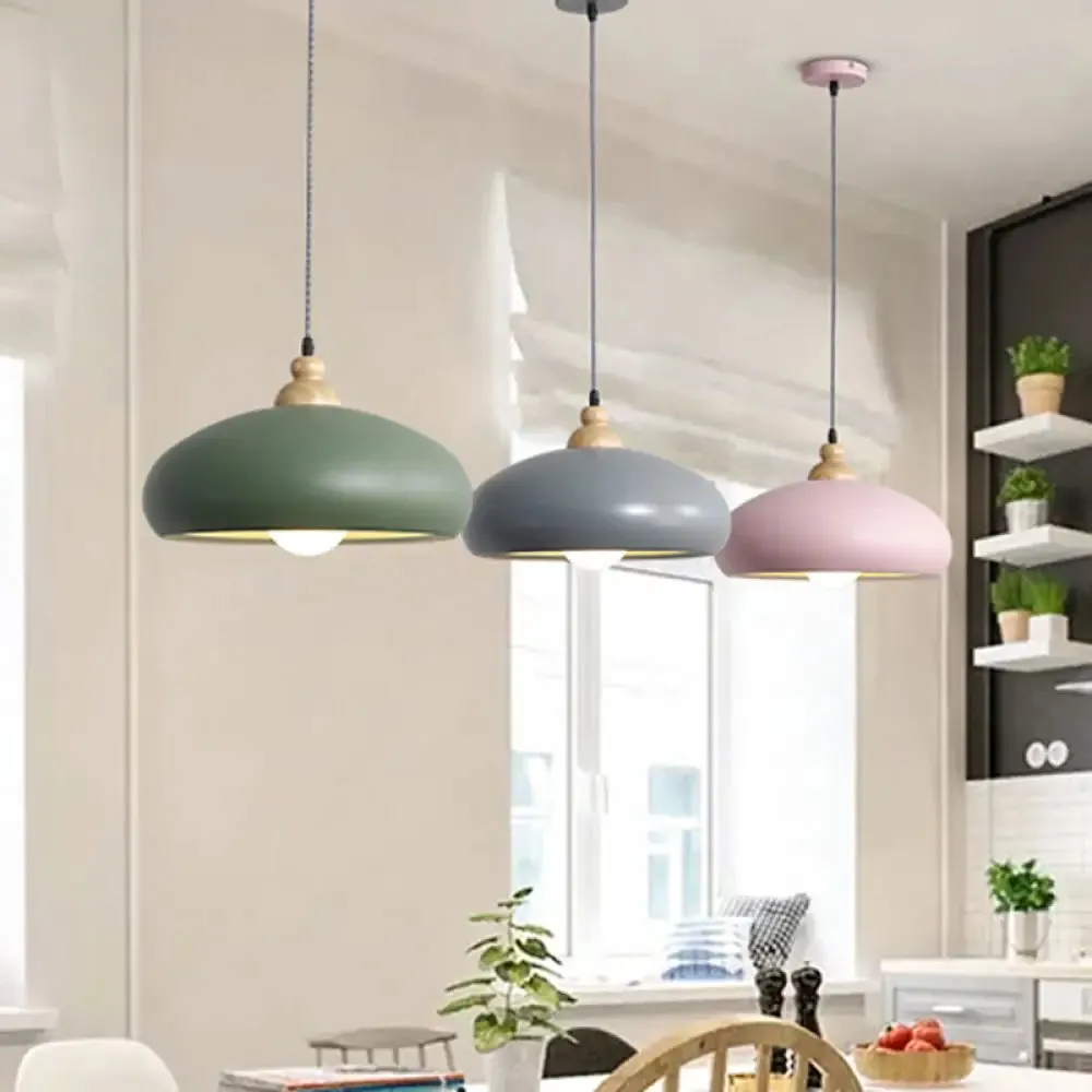 Stylish Macaron Bowl Pendant Light: Metal Hanging Fixture, Single Bulb, Wooden Cap (Grey/Pink/Green)