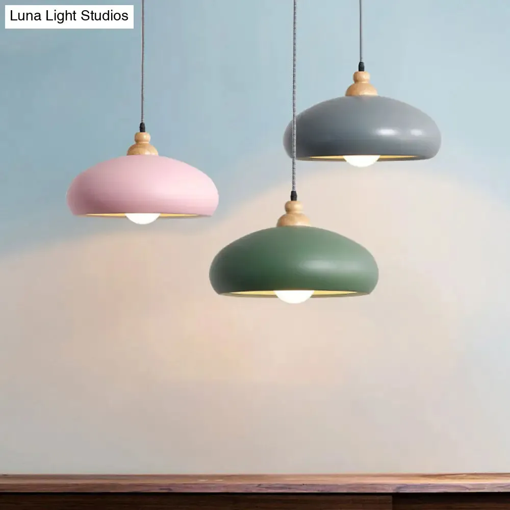 Stylish Macaron Bowl Pendant Light: Metal Hanging Fixture, Single Bulb, Wooden Cap (Grey/Pink/Green)