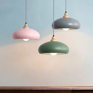 Stylish Macaron Bowl Pendant Light: Metal Hanging Fixture, Single Bulb, Wooden Cap (Grey/Pink/Green)