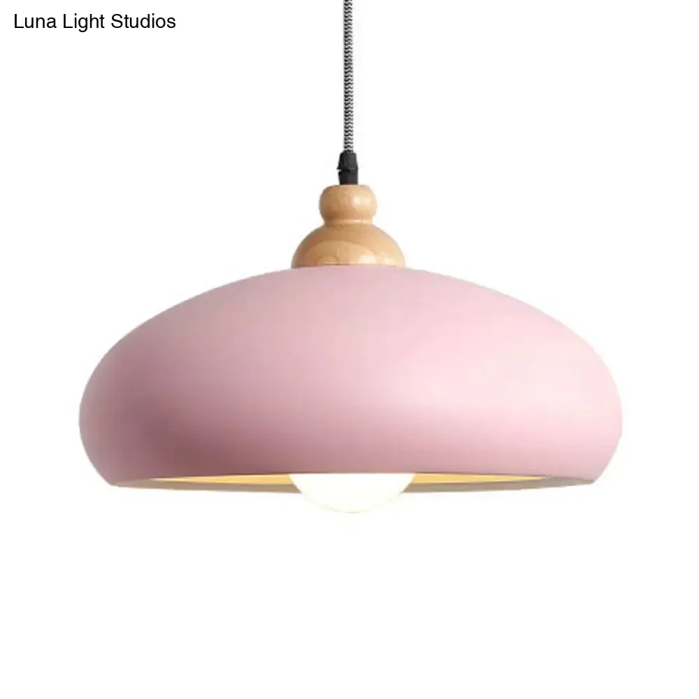 Stylish Macaron Bowl Pendant Light: Metal Hanging Fixture, Single Bulb, Wooden Cap (Grey/Pink/Green)