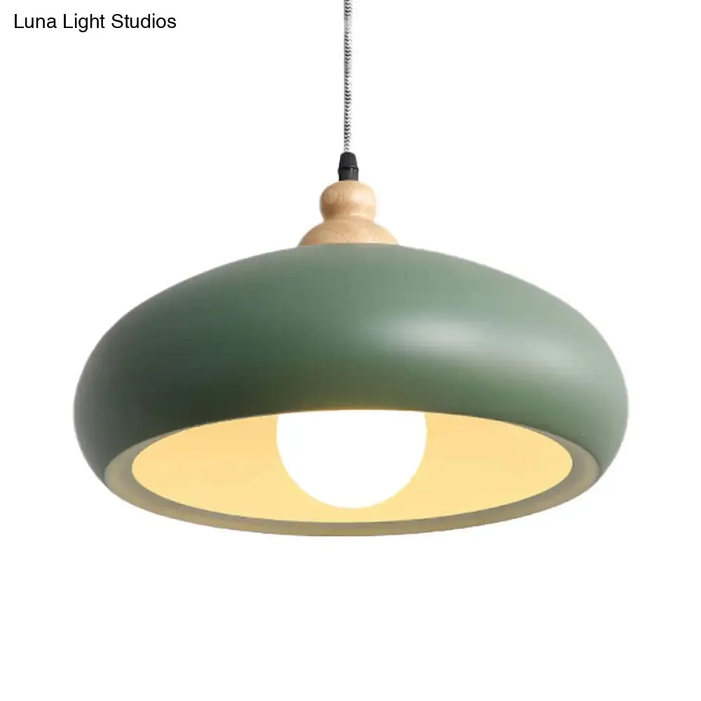 Stylish Macaron Bowl Pendant Light: Metal Hanging Fixture, Single Bulb, Wooden Cap (Grey/Pink/Green)