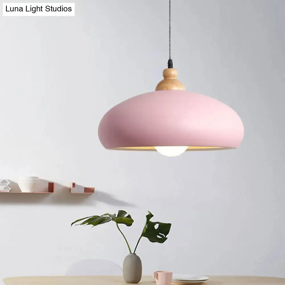 Stylish Macaron Bowl Pendant Light: Metal Hanging Fixture, Single Bulb, Wooden Cap (Grey/Pink/Green)