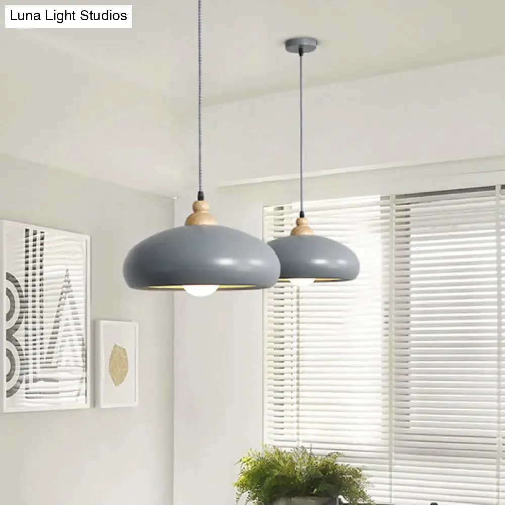 Stylish Macaron Bowl Pendant Light: Metal Hanging Fixture, Single Bulb, Wooden Cap (Grey/Pink/Green)