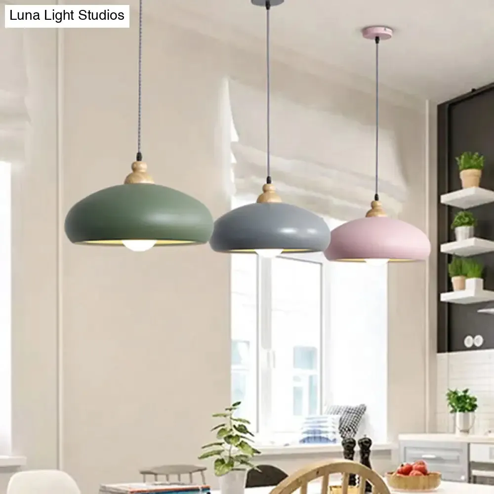 Stylish Macaron Bowl Pendant Light: Metal Hanging Fixture, Single Bulb, Wooden Cap (Grey/Pink/Green)