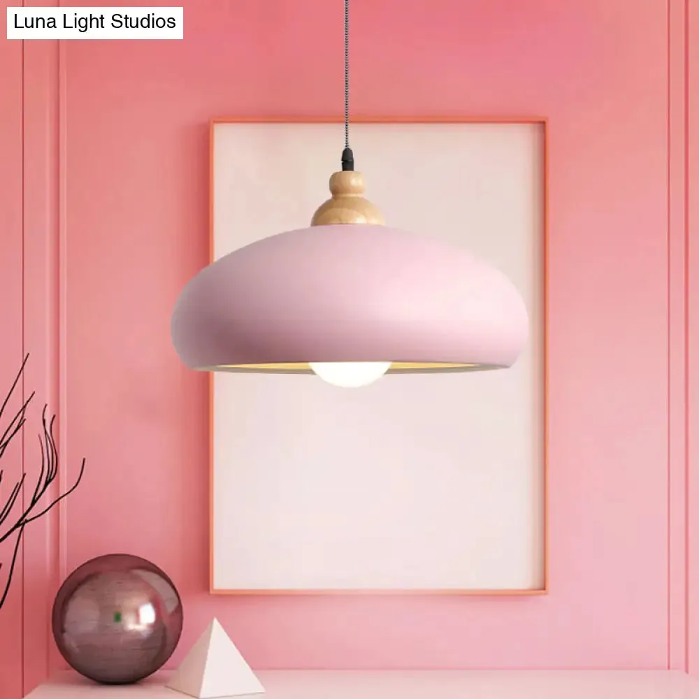 Stylish Macaron Bowl Pendant Light: Metal Hanging Fixture, Single Bulb, Wooden Cap (Grey/Pink/Green)