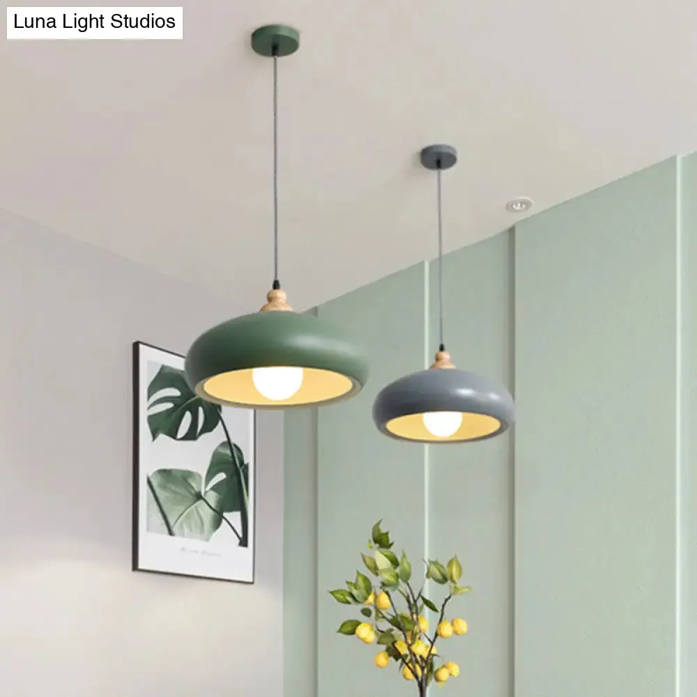 Stylish Macaron Bowl Pendant Light: Metal Hanging Fixture, Single Bulb, Wooden Cap (Grey/Pink/Green)