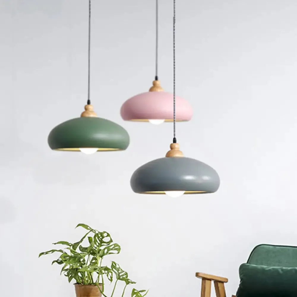 Stylish Macaron Bowl Pendant Light: Metal Hanging Fixture, Single Bulb, Wooden Cap (Grey/Pink/Green)