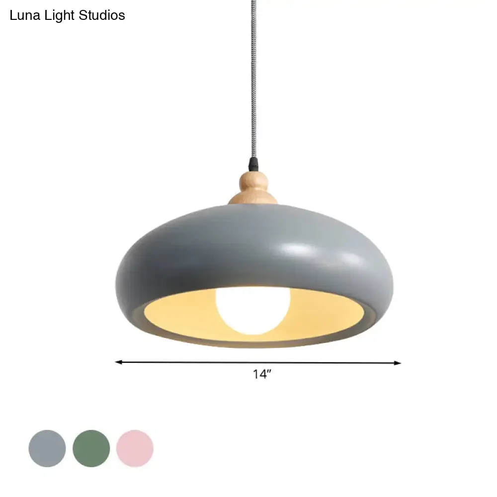 Stylish Macaron Bowl Pendant Light: Metal Hanging Fixture, Single Bulb, Wooden Cap (Grey/Pink/Green)