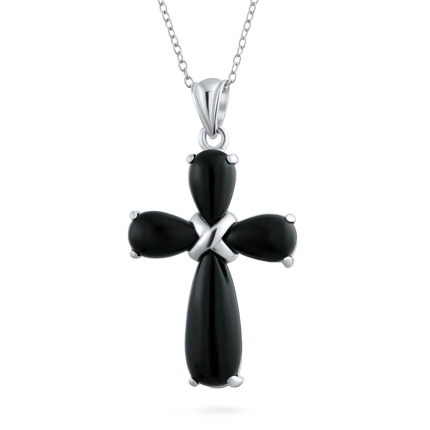 Timeless Fashion Black Onyx Green Jade Cross Pendant Necklace in Sterling Silver