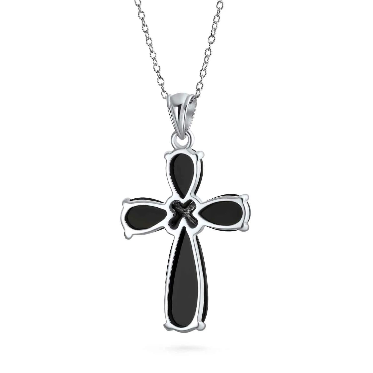 Timeless Fashion Black Onyx Green Jade Cross Pendant Necklace in Sterling Silver