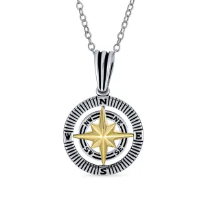 Unisex Viking Compass Pendant Necklace Two-Tone Sterling Silver with Chain