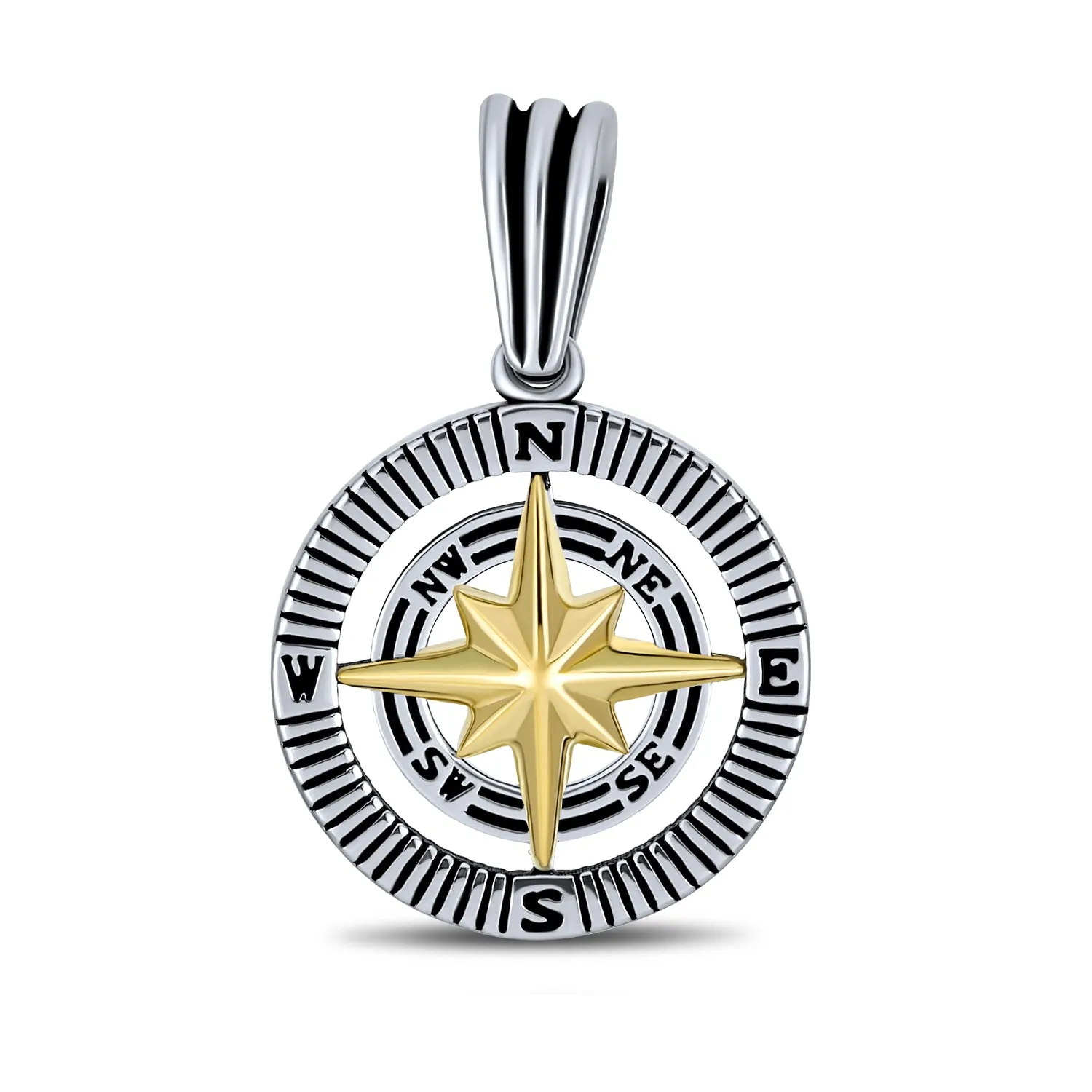 Unisex Viking Compass Pendant Necklace Two-Tone Sterling Silver with Chain