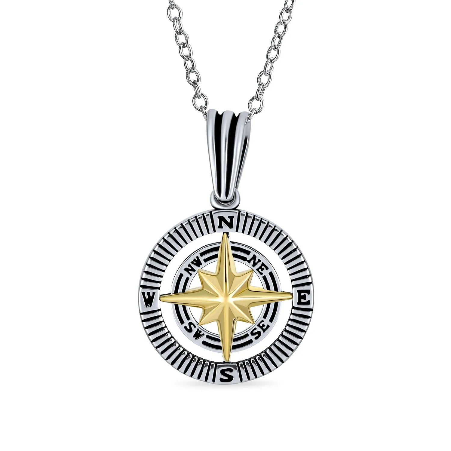 Unisex Viking Compass Pendant Necklace Two-Tone Sterling Silver with Chain