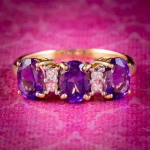 Victorian Style Amethyst Diamond Trilogy Ring 18ct Gold 2.40ct Of Amethyst