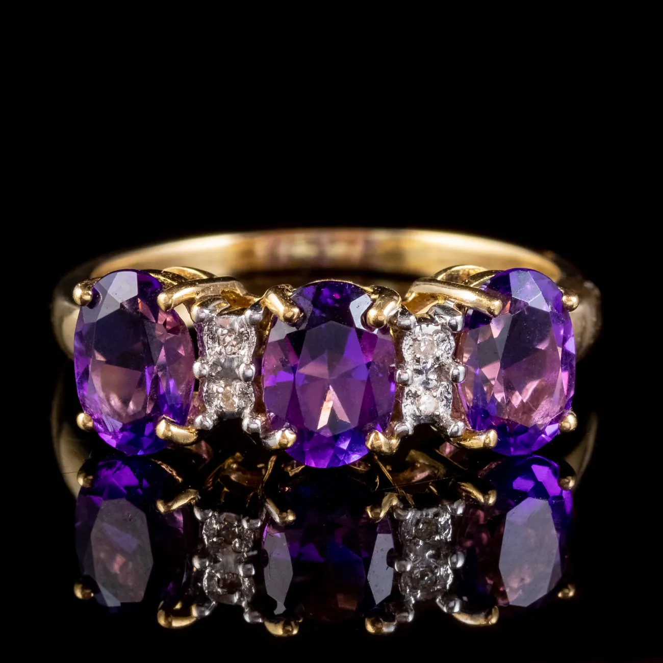 Victorian Style Amethyst Diamond Trilogy Ring 18ct Gold 2.40ct Of Amethyst