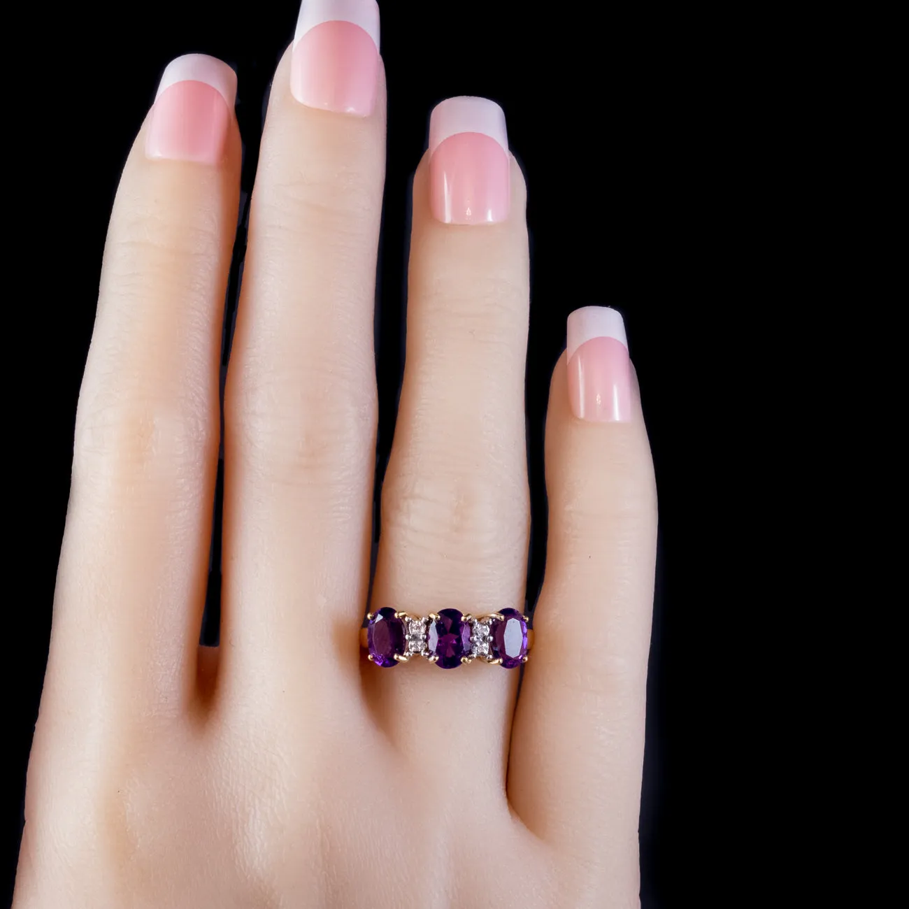 Victorian Style Amethyst Diamond Trilogy Ring 18ct Gold 2.40ct Of Amethyst