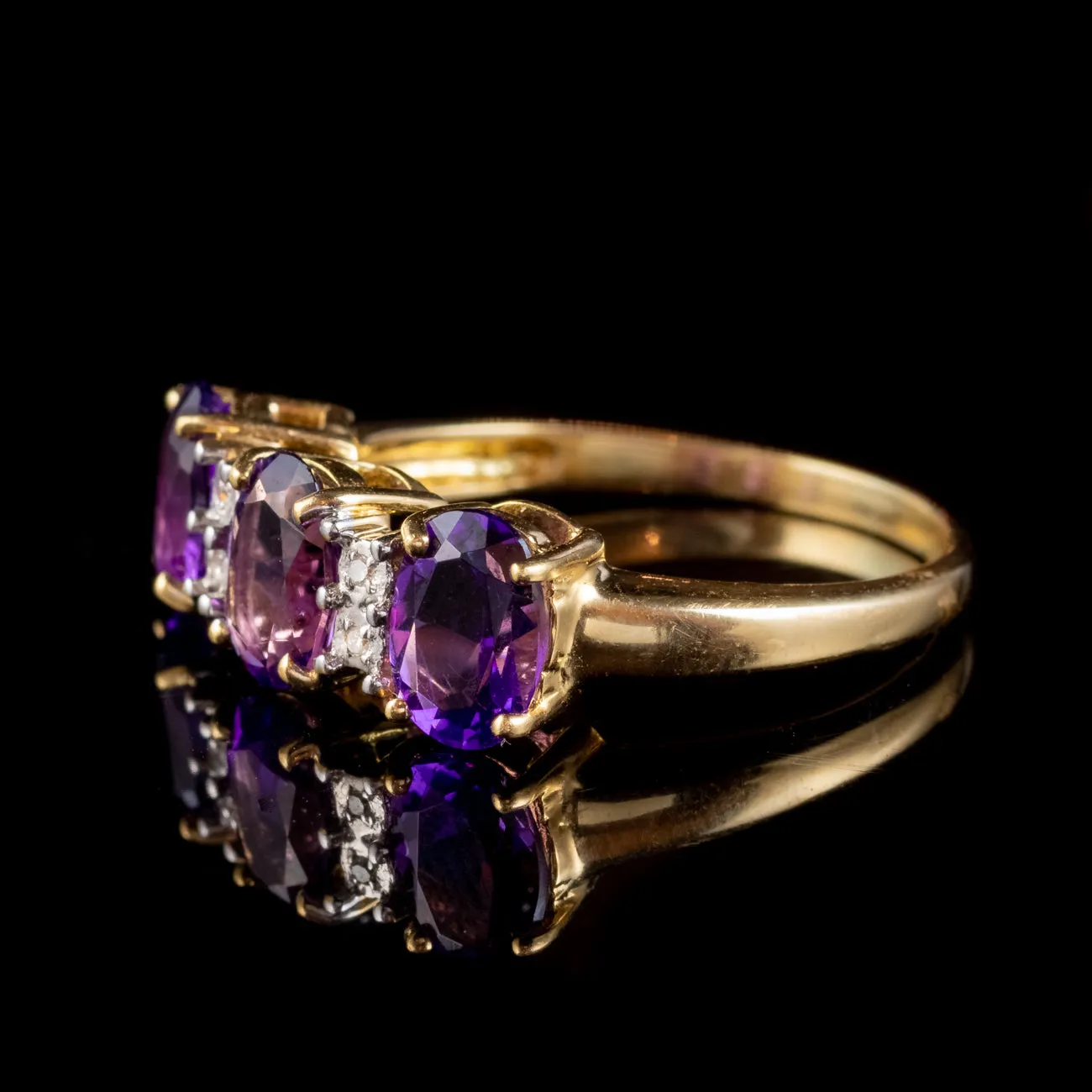 Victorian Style Amethyst Diamond Trilogy Ring 18ct Gold 2.40ct Of Amethyst