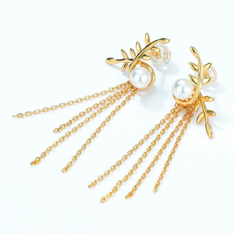 Willow Branch Leaf Round Pearl Long Tassel Sterling Silver Drop Earrings