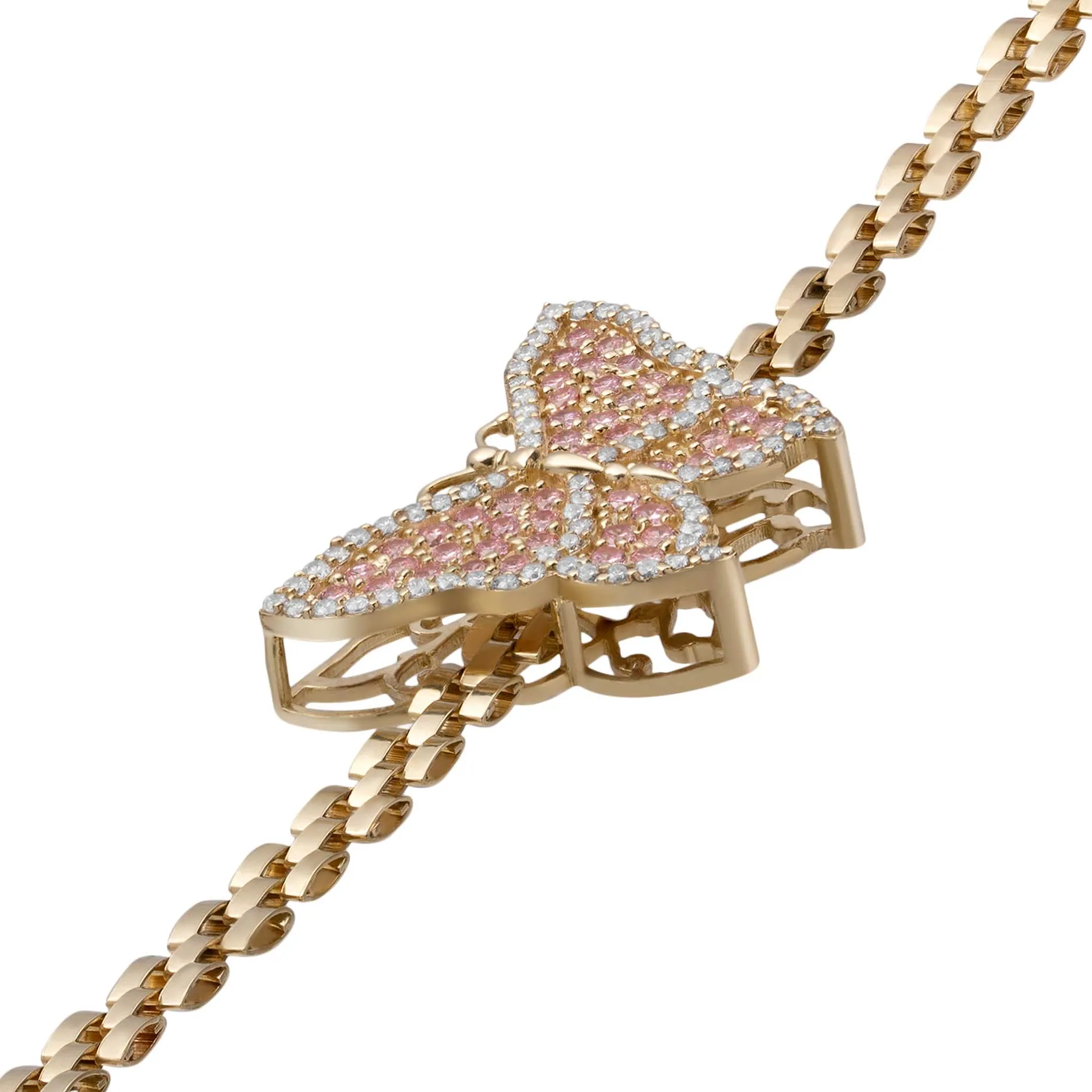 Women's CZ Butterfly Rlx Railroad Chain Necklace 10K Yellow Gold